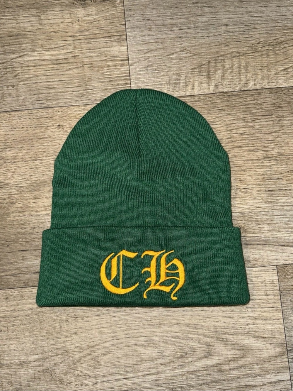 Chrome Hearts Green Beanie with Yellow CH Embroidery